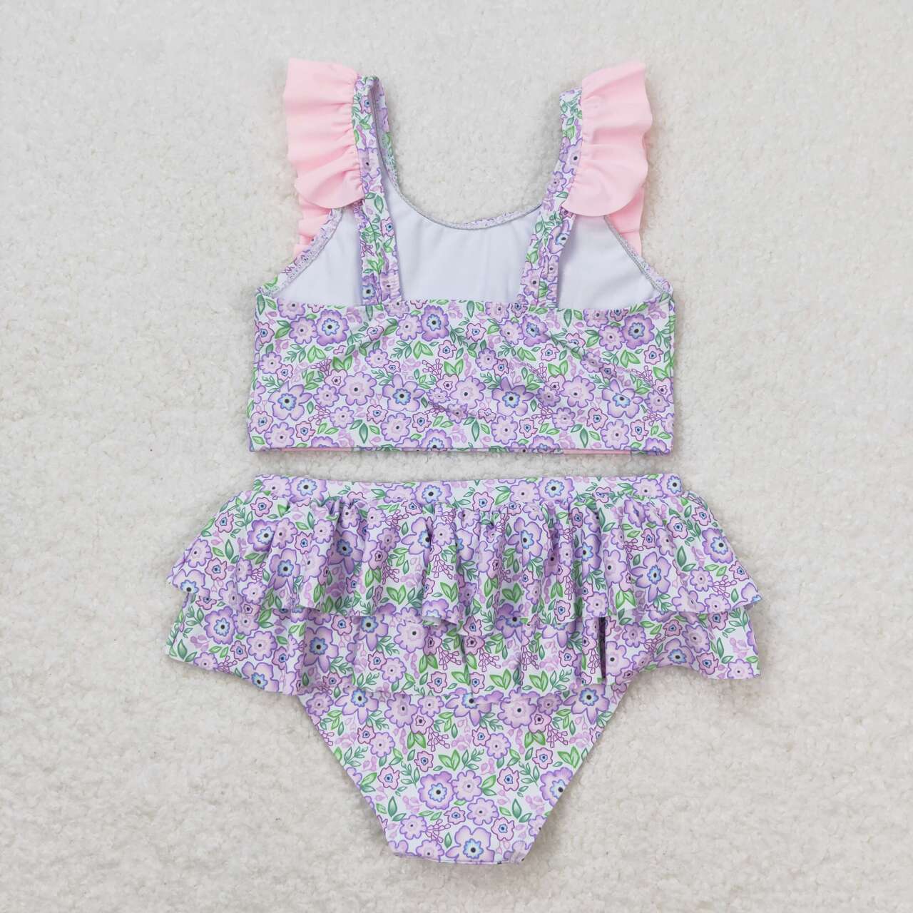 S0332 multi color flowers pink ruffles short sleeve 2pcs girls swimsuits