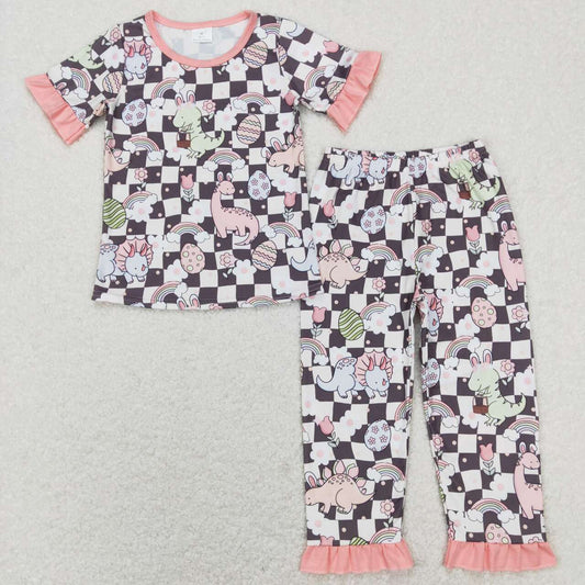 GSPO1203 Easter Egg Pink Dinosaur Checkered Short Sleeve Pants Girls Pajamas