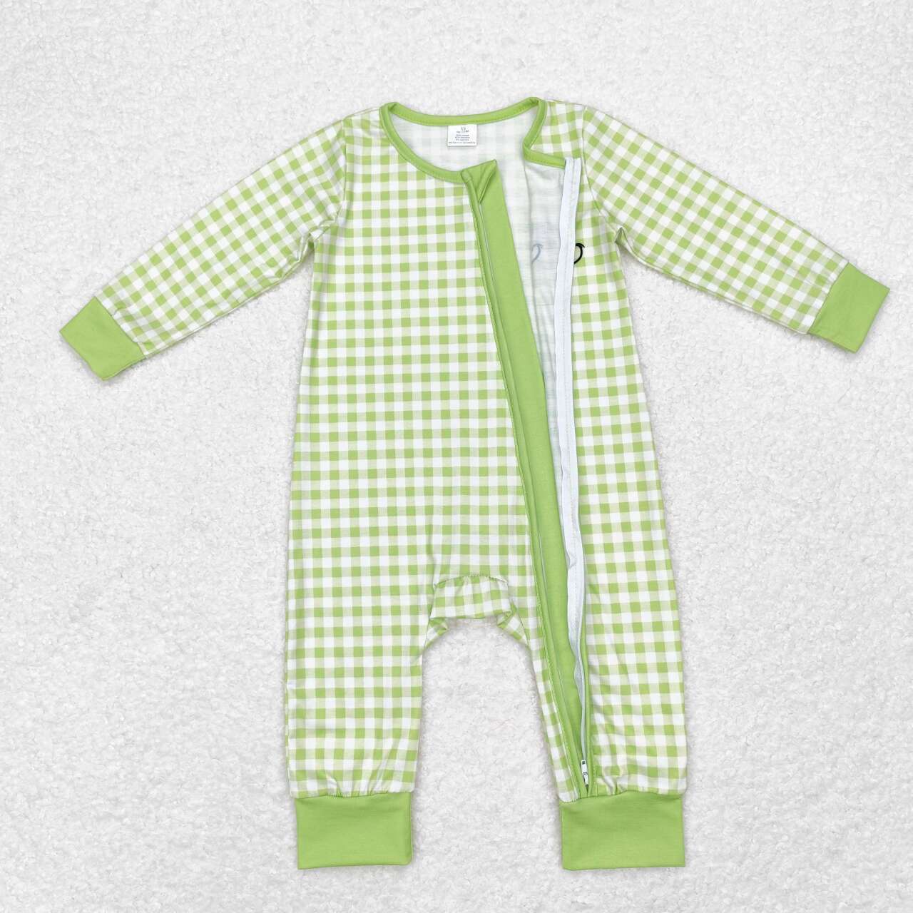 bamboo LR1251 Christmas green face green checkered long sleeve boys zipper romper