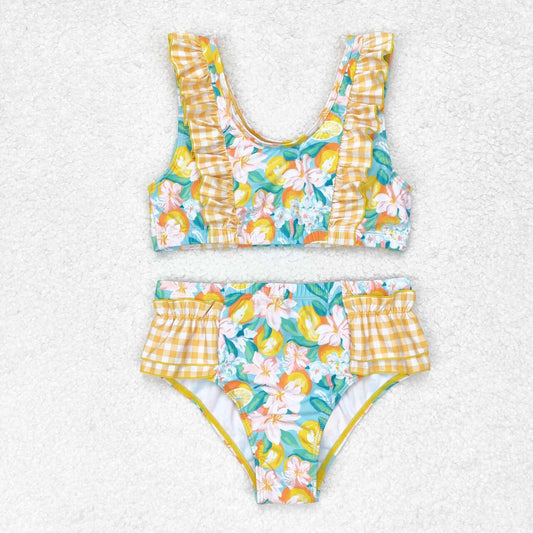 S0343 orange flowers checkered ruffles 2pcs girls swimsuits