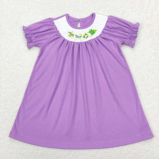 GSD0502 Smocked Mardi gras yellow green purple striped cell girls dress