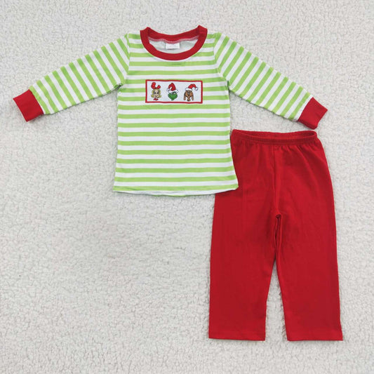 BLP0199 Christmas Green Face Striped Long Sleeves Red Pants Boys Clothes