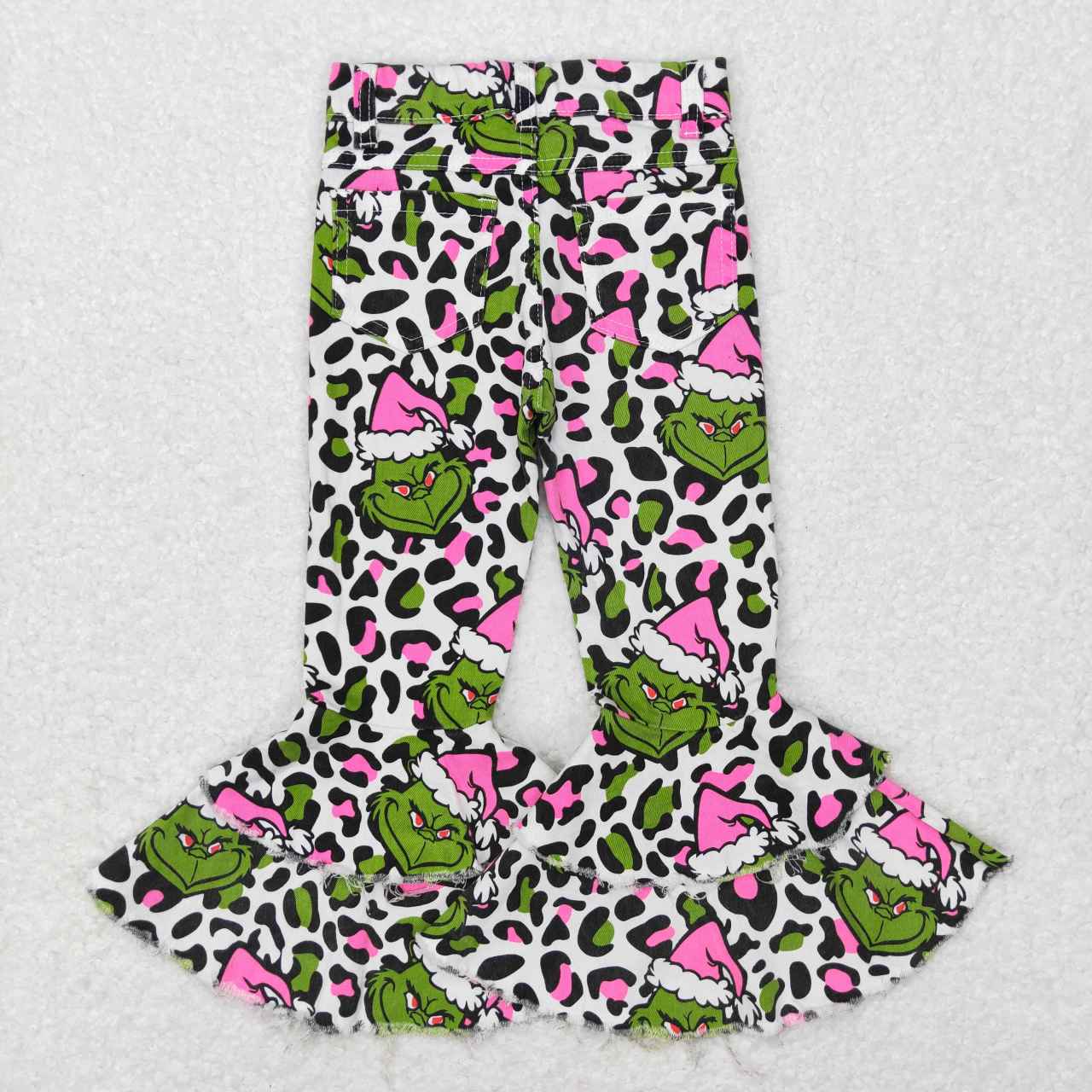 P0318 Christmas green face leopard denim pants