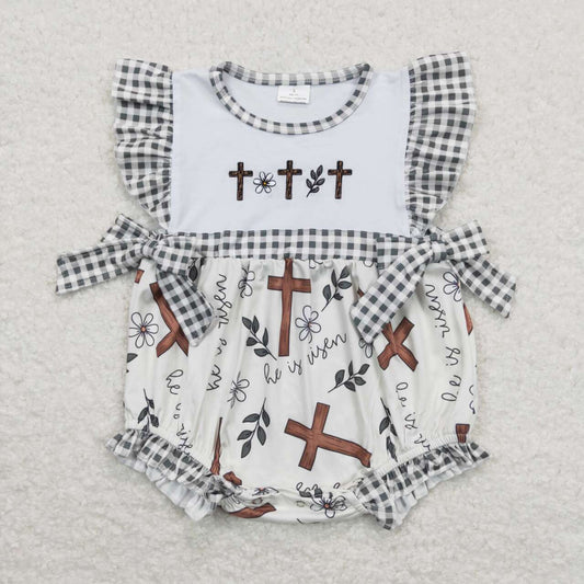 SR0813 Easter Cross Flowers Flutter Sleeve Girls Romper