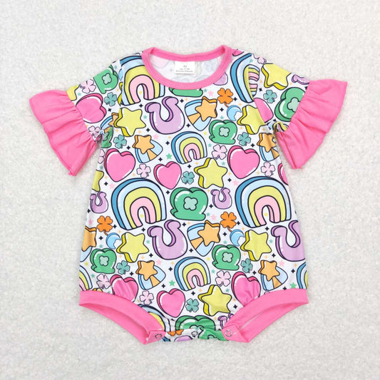 SR0552 Saint Patrick lucky rainbow short sleeve girls romper