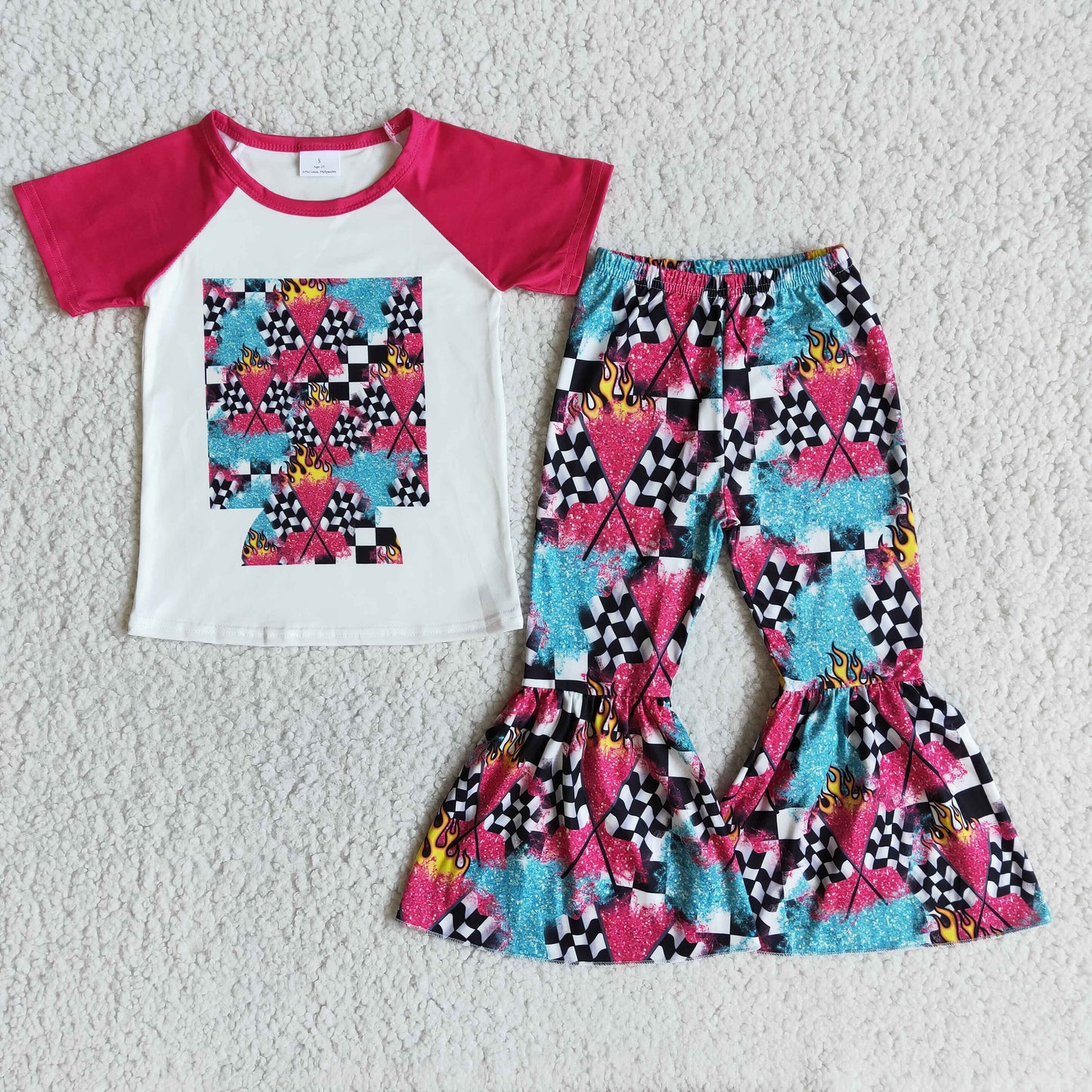 B2-14 Hot Pink Short Sleeve Bell Pants Girls Outfits