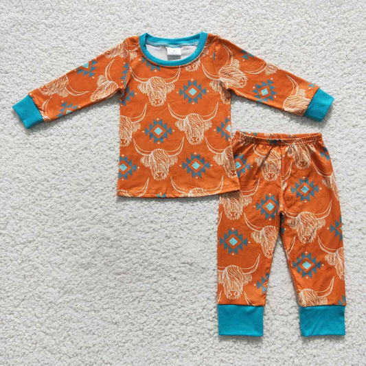 BLP0206 Western Highland Cow Brown Long Sleeves Boys Pajamas