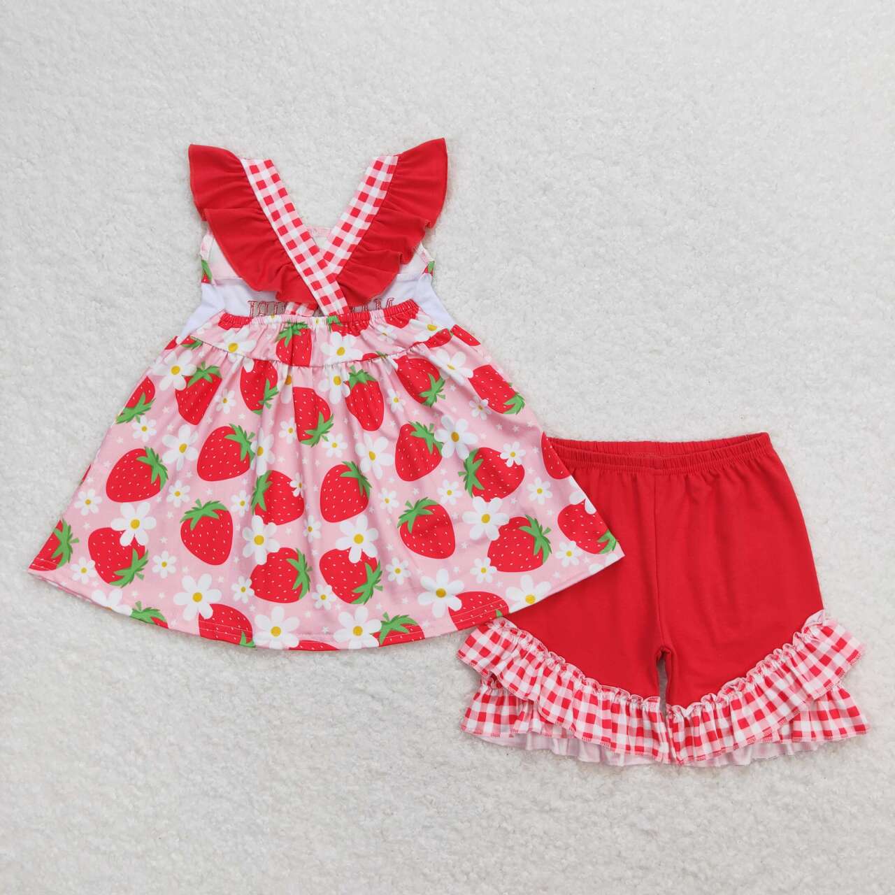 USA SHOP GSSO0835 embroidery mama's girl strawberry flowers pink flutter sleeve red shorts girls set
