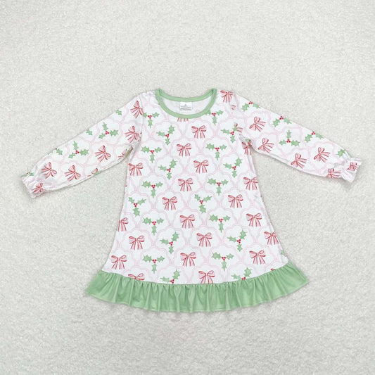 GLD0656 Christmas pink bows Holly Berry long sleeve girls dress