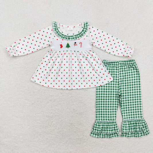 GLP1395 embroidery Christmas tree cane candy snowman long sleeve green checkered pants girls set