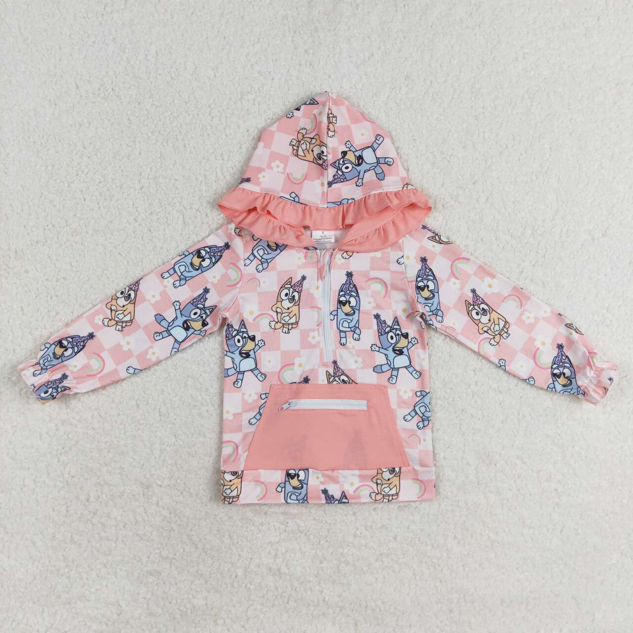 GT0633 cartoon blue dog flowers pink checkered girls pocket hoodie top