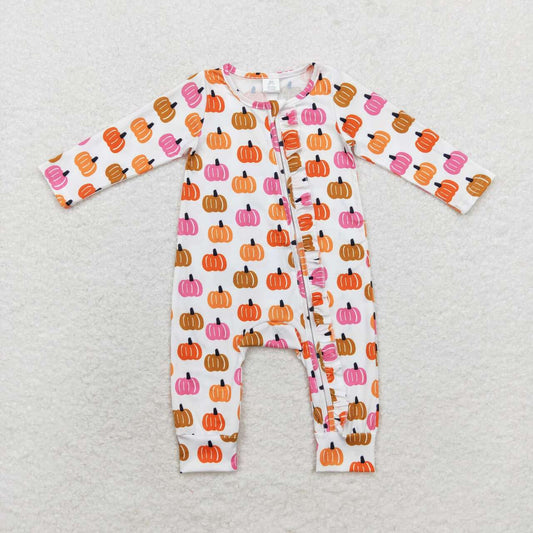 LR1219 bamboo colorful Autumn pumpkin long sleeve girls zipper romper