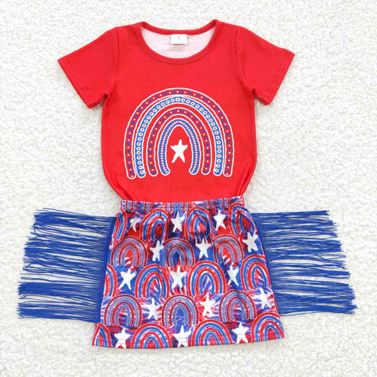 GSD0338 4th Of July Rainbow Red Short Sleeve Blue Tassels Skirt Girls Dress Set