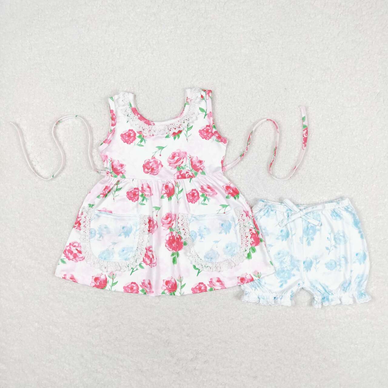 GSSO0882 hot pink flowers pockets sleeveless blue shorts girls set