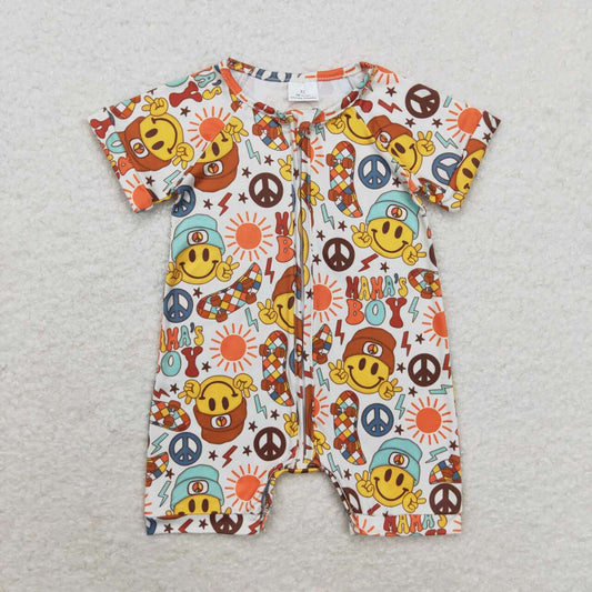 SR1776 mama;s boy smile skateboarding short sleeve zipper boys romper