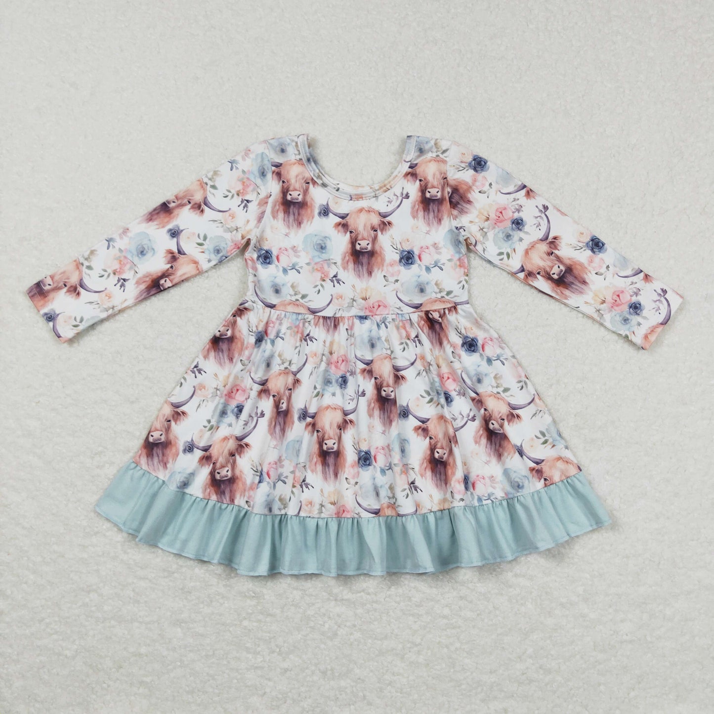GLD0412 Cow flowers blue long sleeve girls dress