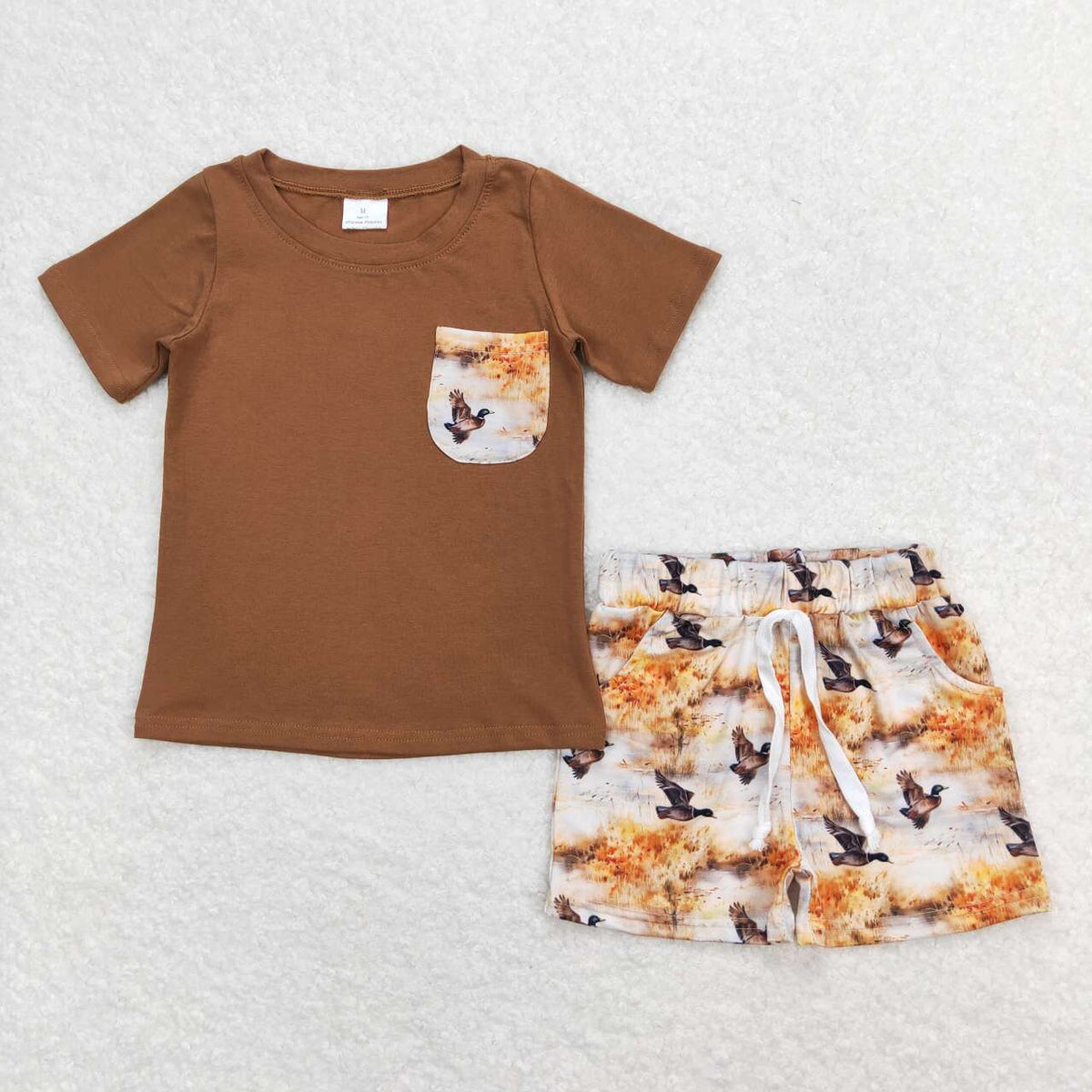 BSSO0776 mallard duck brown pocket short sleeve shorts boys set
