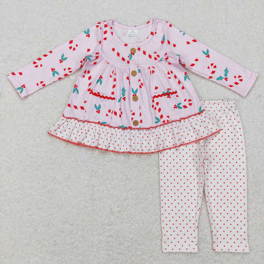 GLP0975 Christmas cane candy pockets pink long sleeve white dot pants girls set