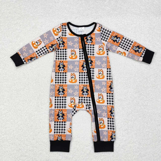 LR1484 Halloween blue dog pumpkin star long sleeve zipper boys romper