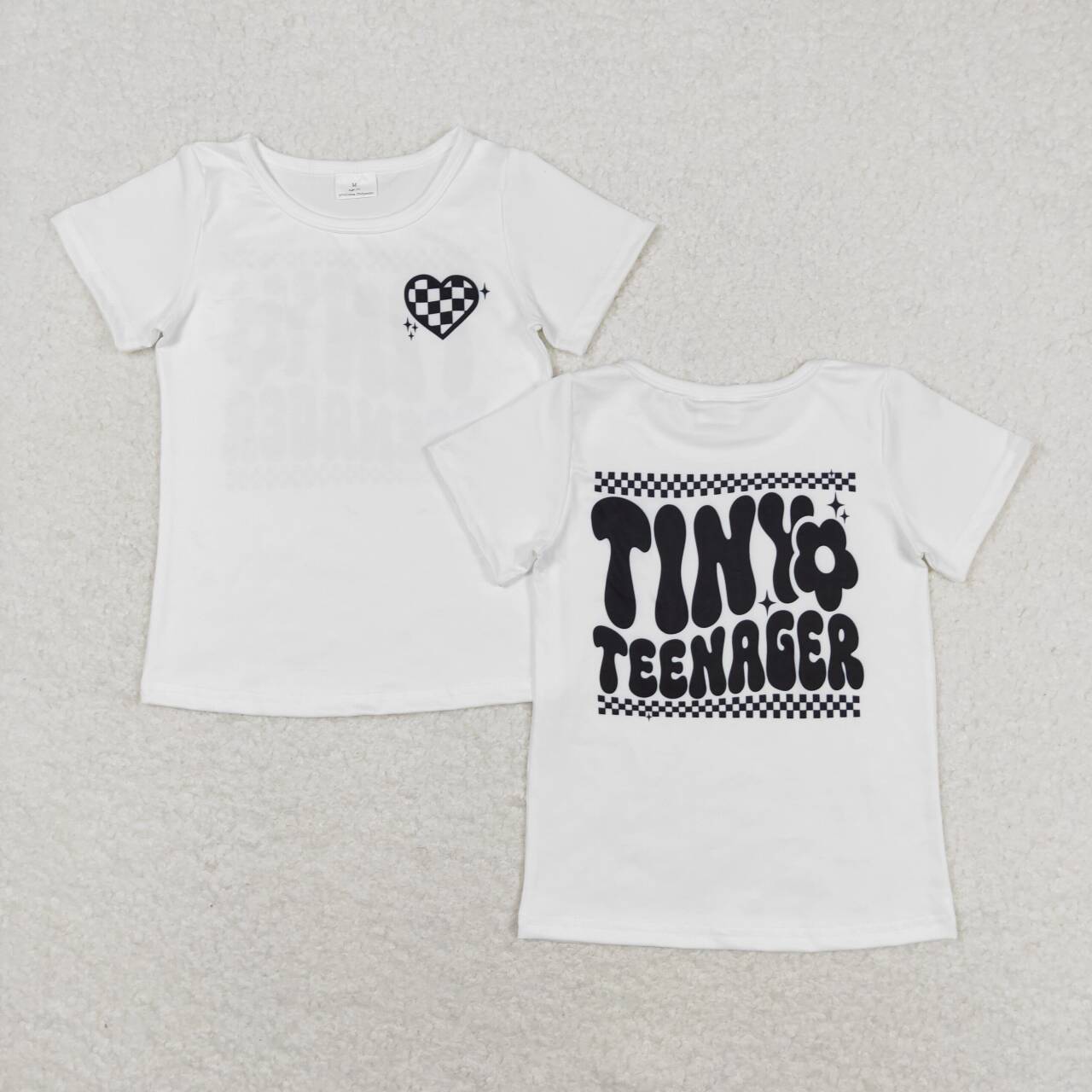 GT0527 tiny teenager checkered heart white short sleeve girls top