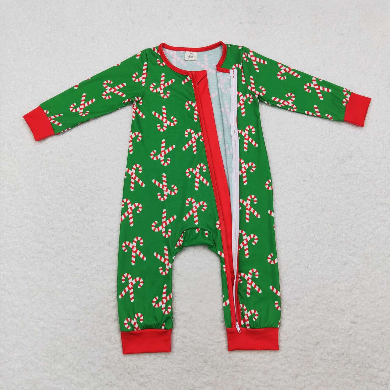 bamboo LR1237 Christmas cane candy green long sleeve zipper boys romper