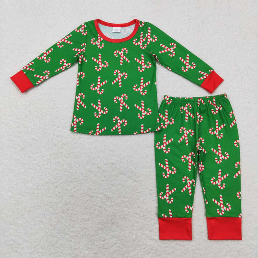 BLP0599 bamboo Christmas cane candy green long sleeve pants boys pajamas