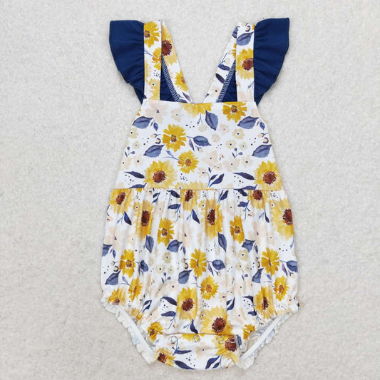 SR1422 yellow flowers blue flutter sleeve girls romper