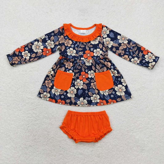 GBO0430 colorful flowers pockets long sleeve orange girls bummies set