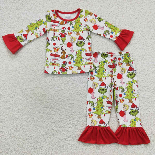 GLP0619 Christmas Green Face Long Sleeve Pants Girls Pajamas Kids Clothes