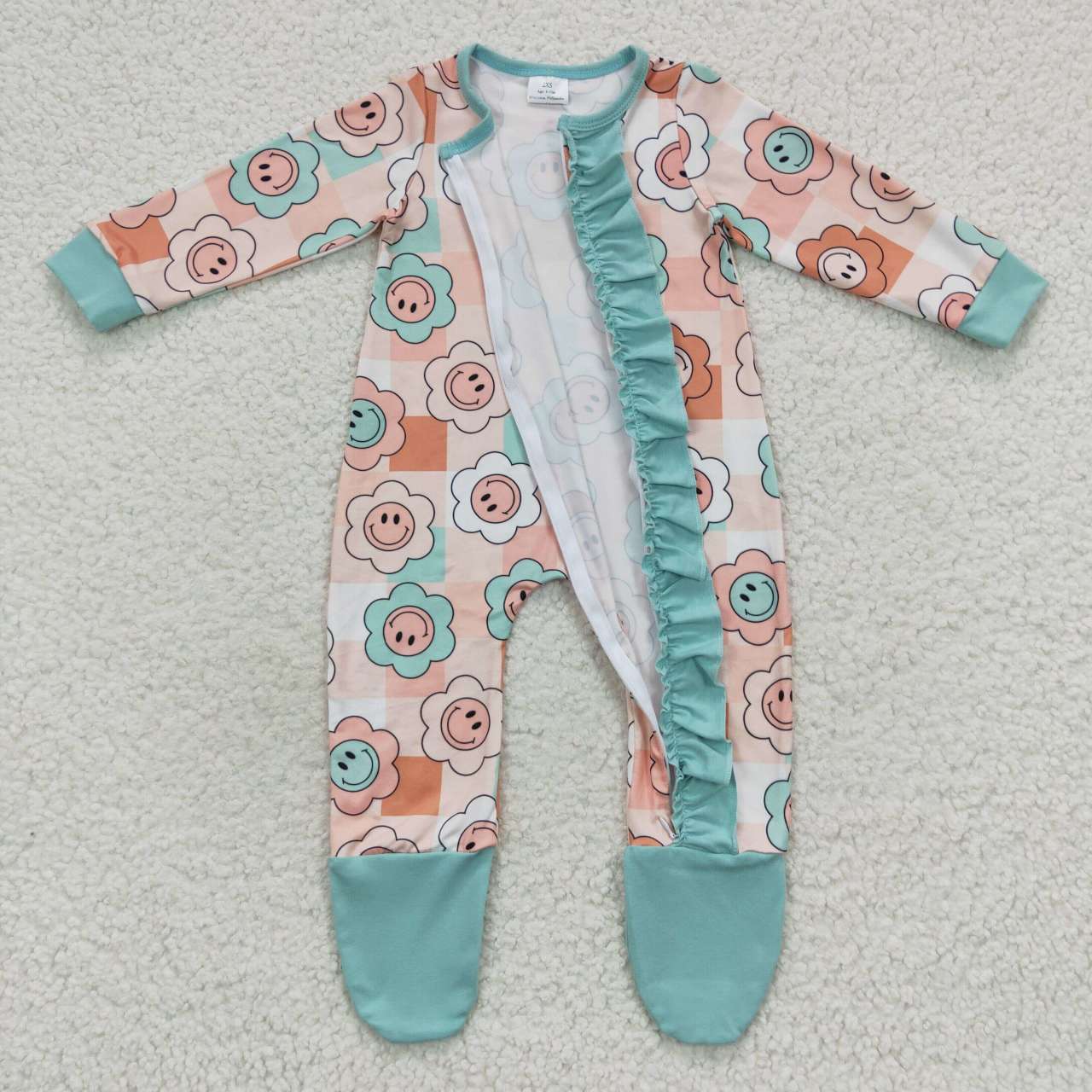 LR0405 Orange & Blue Smile Flowers Long Sleeves Kids Romper