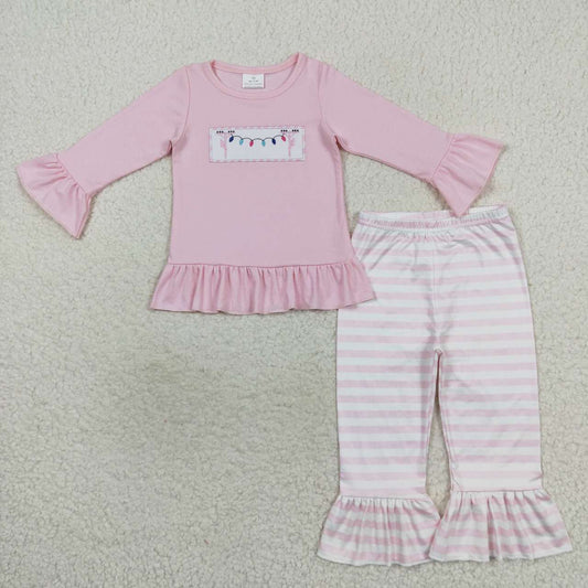 GLP0694 Christmas colorful light pink long sleeve striped pants girls set