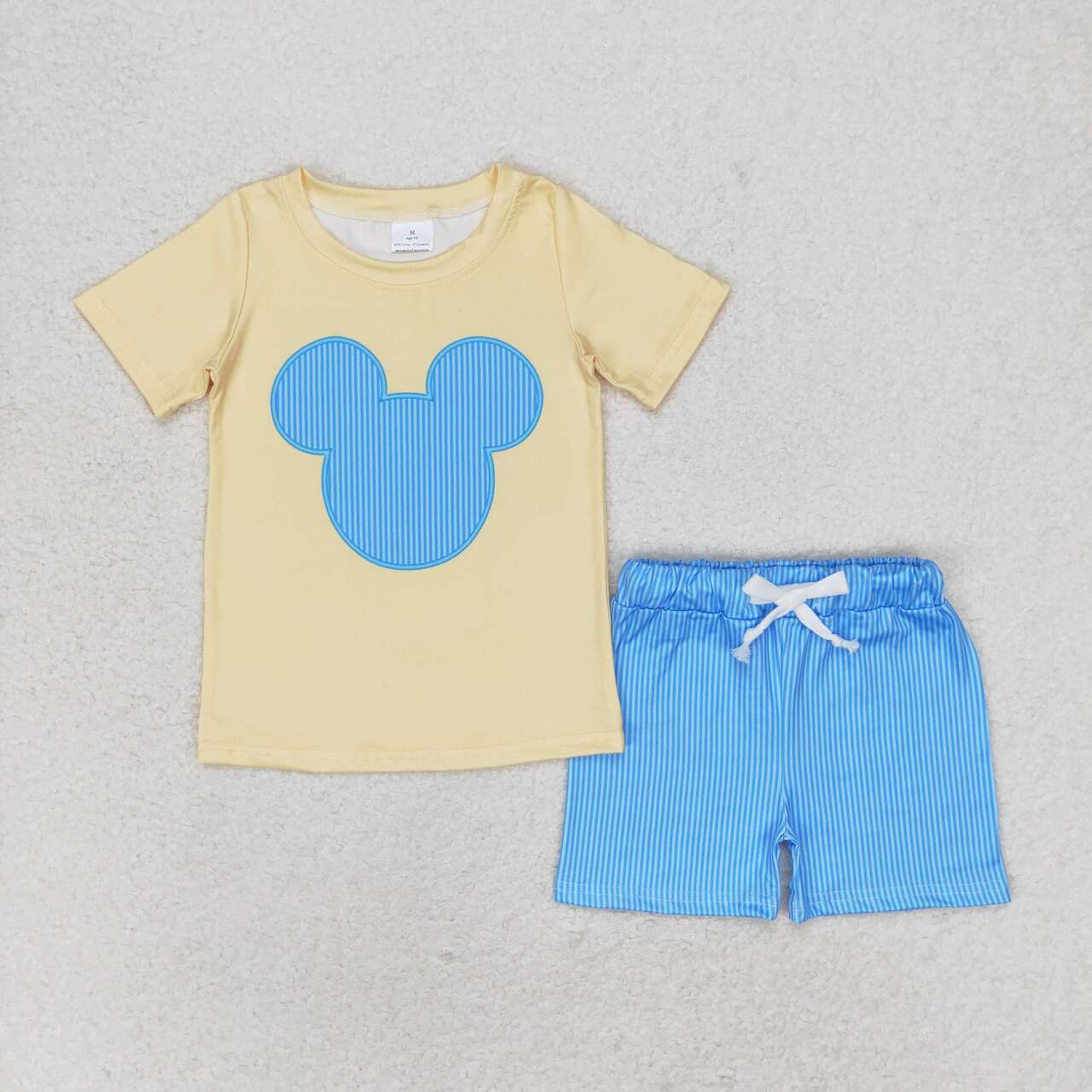 BSSO0875 cartoon M mouse yellow short sleeve blue striped shorts boys set