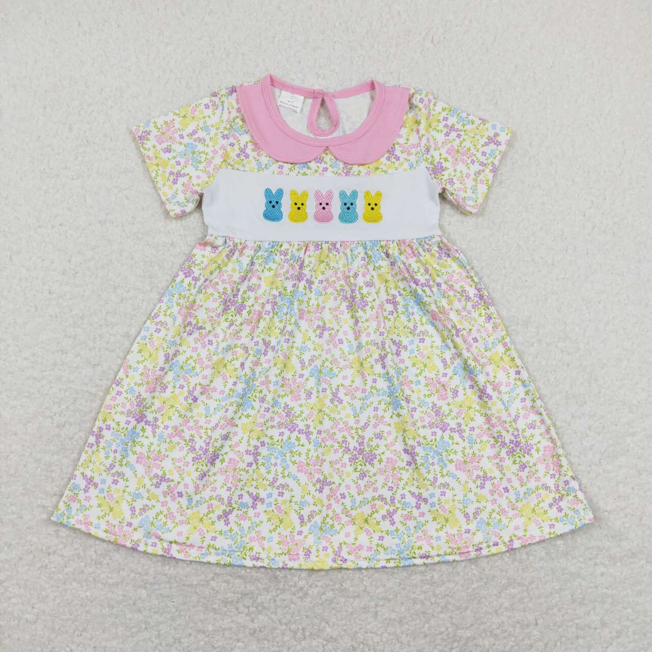 GSD0649 Embroidery Easter Rabbit Colorful Flowers Short Sleeve Girls Dress