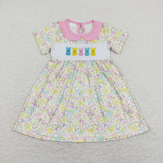 GSD0649 Embroidery Easter Rabbit Colorful Flowers Short Sleeve Girls Dress