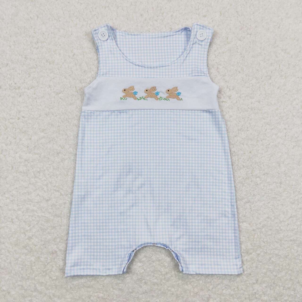 SR0621 embroidery Easter three rabbit blue checkered sleeveless boys romper