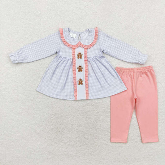 GLP1330 embroidery Christmas gingerbread man blue checkered long sleeve pink pants girls set