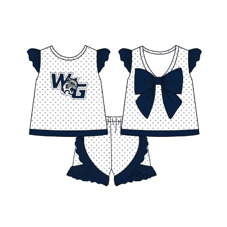 custom style WG navy blue dot bow flutter sleeve shorts girls set