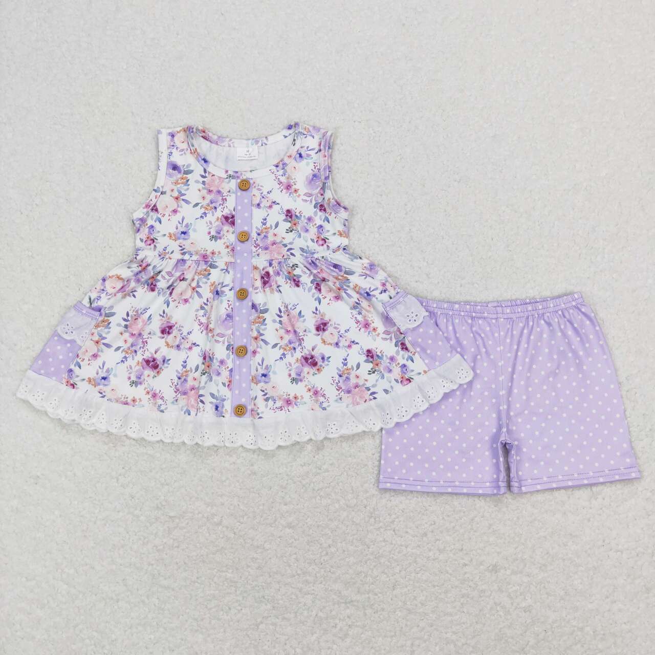 GSSO0402 Flowers sleeveless pockets purple dot shorts girls set