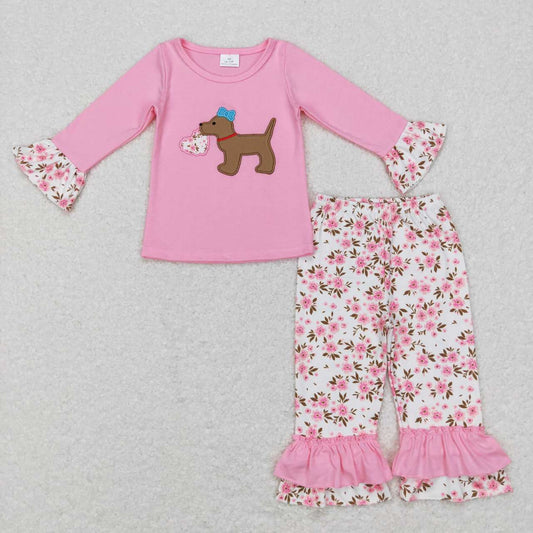 GLP0937 Valentine's Day dog heart pink long sleeve pink flowers pants girls set