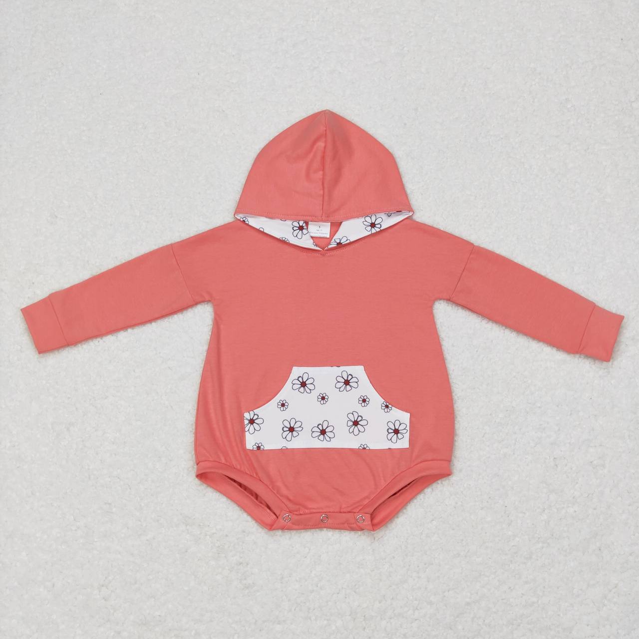 LR0758 Pink flowers hoodie pocket long sleeve kids romper