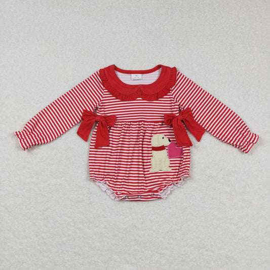 LR0763 Valentine's Day dog heart red striped long sleeve girls romper