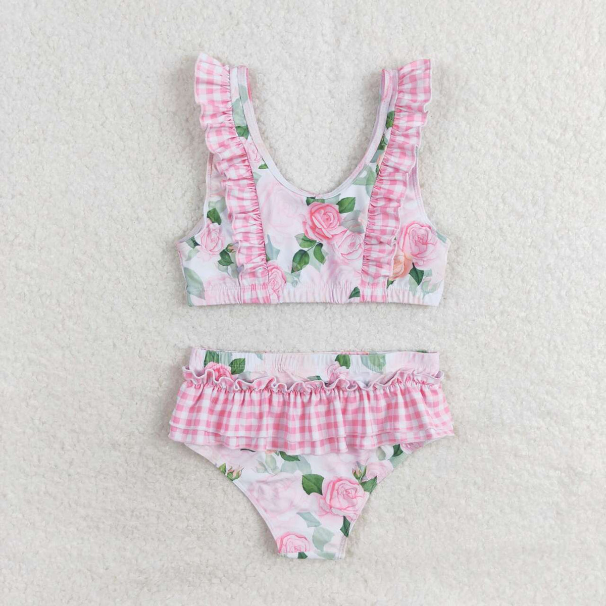 S0318 multi colorful flowers pink checkered flutter sleeve girls swimsuits