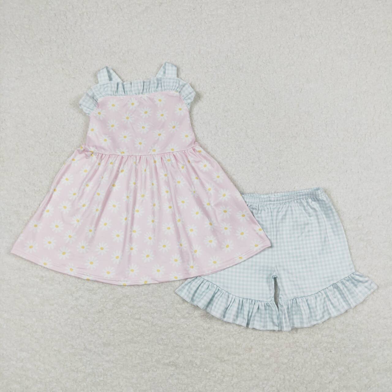 GSSO0724 Daisy flowers sleeveless light green checkered shorts girls set
