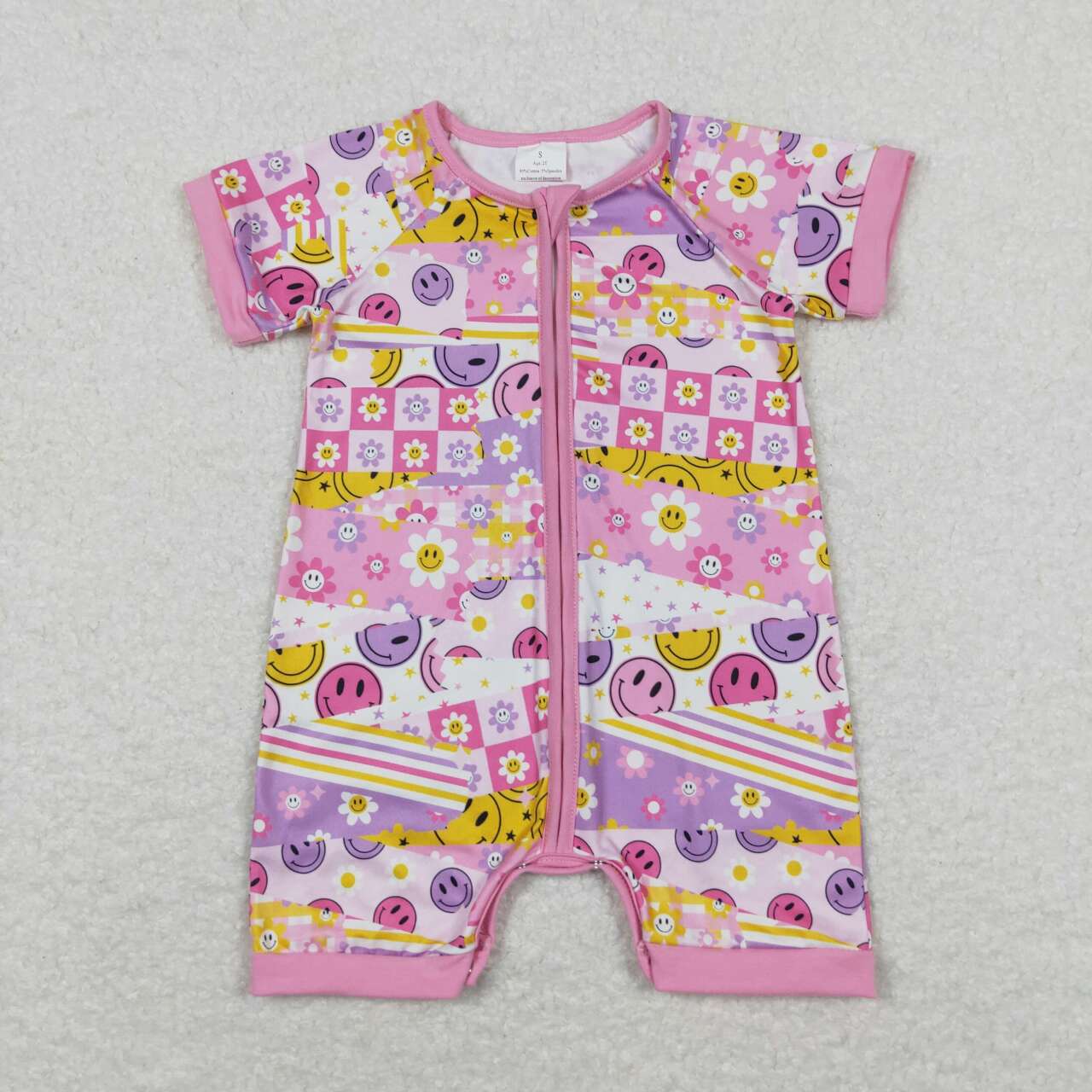 SR0968 Colorful Smile Flowers Hot Pink Purple Short Sleeve Zipper Girls Romper