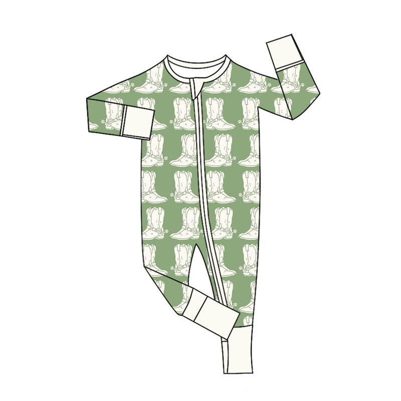 Custom moq 20 Western Boots Green Zipper Long Sleeve Boys Romper