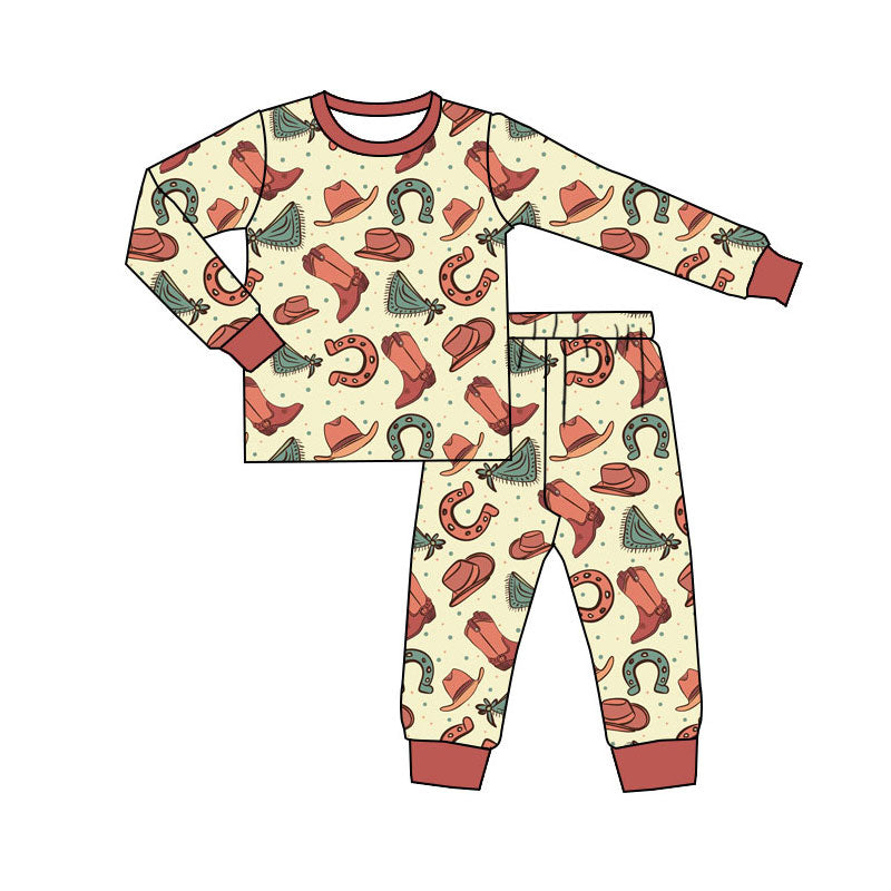 custom moq 5 Western Boots Hat Long Sleeve Pants Boys Pajamas