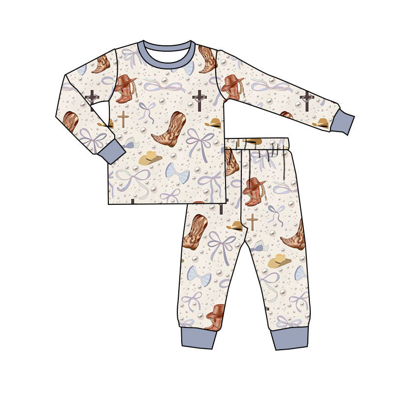 custom moq 5 Western Easter Boots Bows Cross Long Sleeve Pants Girls Pajamas
