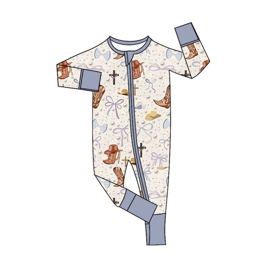 Custom moq 20 Western Easter Cross Boots Bow Zipper Long Sleeve Girls Romper