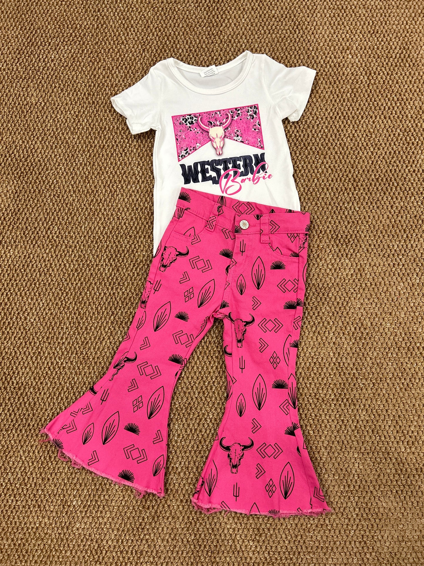 Western babie cow short sleeve hot pink jeans girls set baby girl cowgirl set