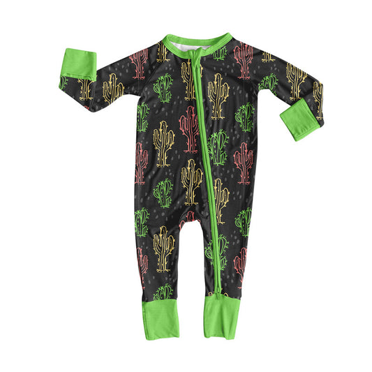 Custom moq 20 Western cowboy cactus green zipper long sleeve boys romper